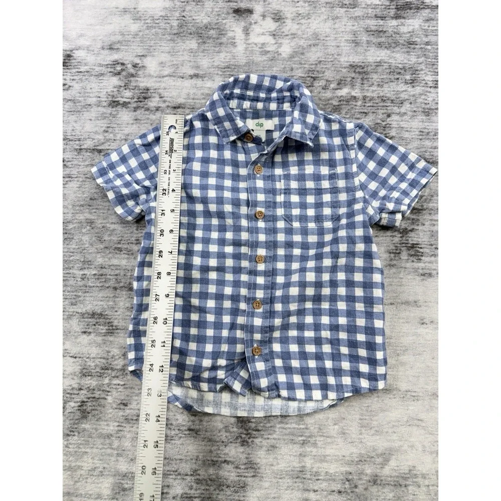 DIP Boy's Short Sleeve Linen Blend Gingham  Button Up Toddler Shirt Sz 3T Beachy